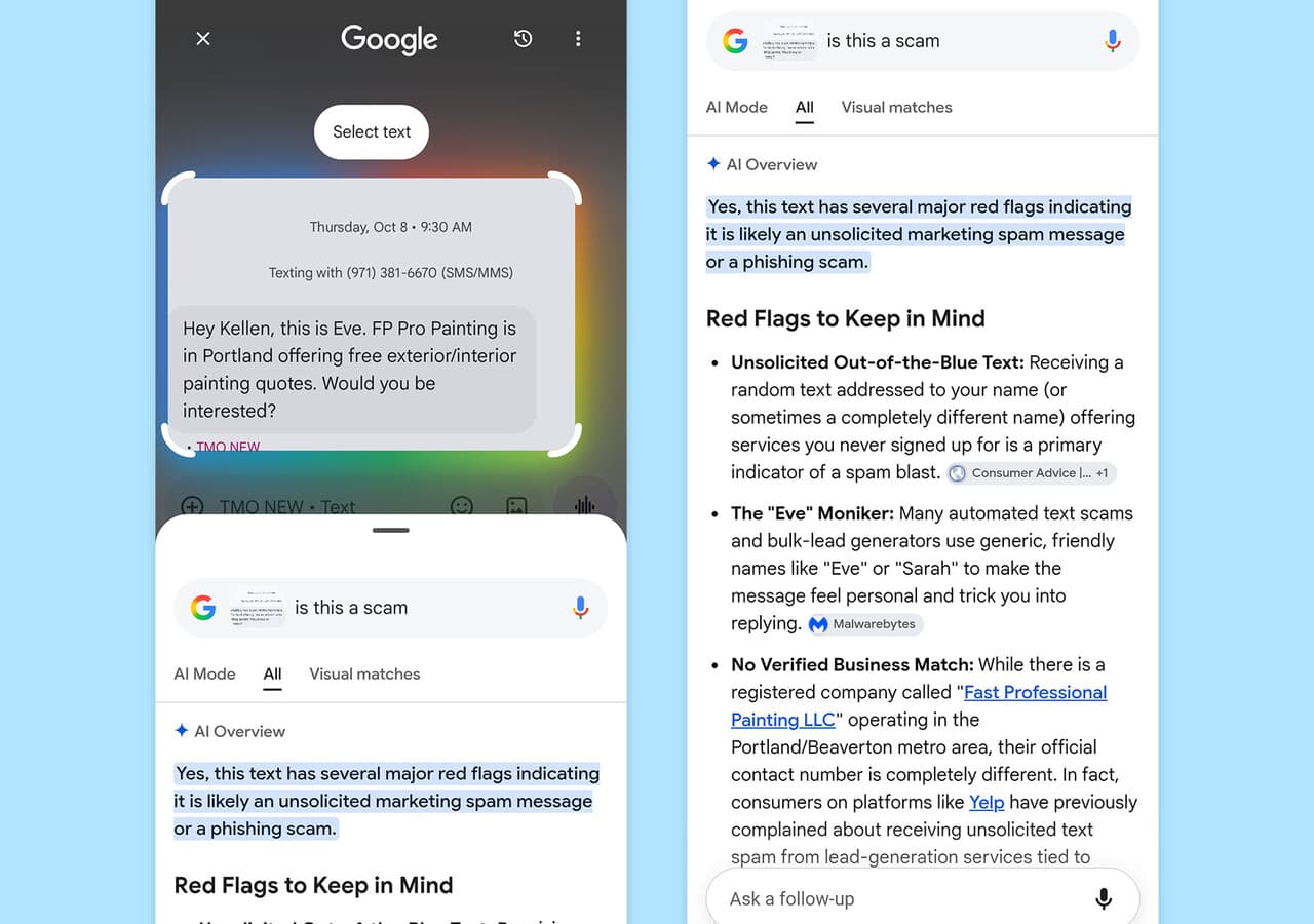 Google تتيح كشف رسائل الاحتيال النصية عبر Circle to Search في Android