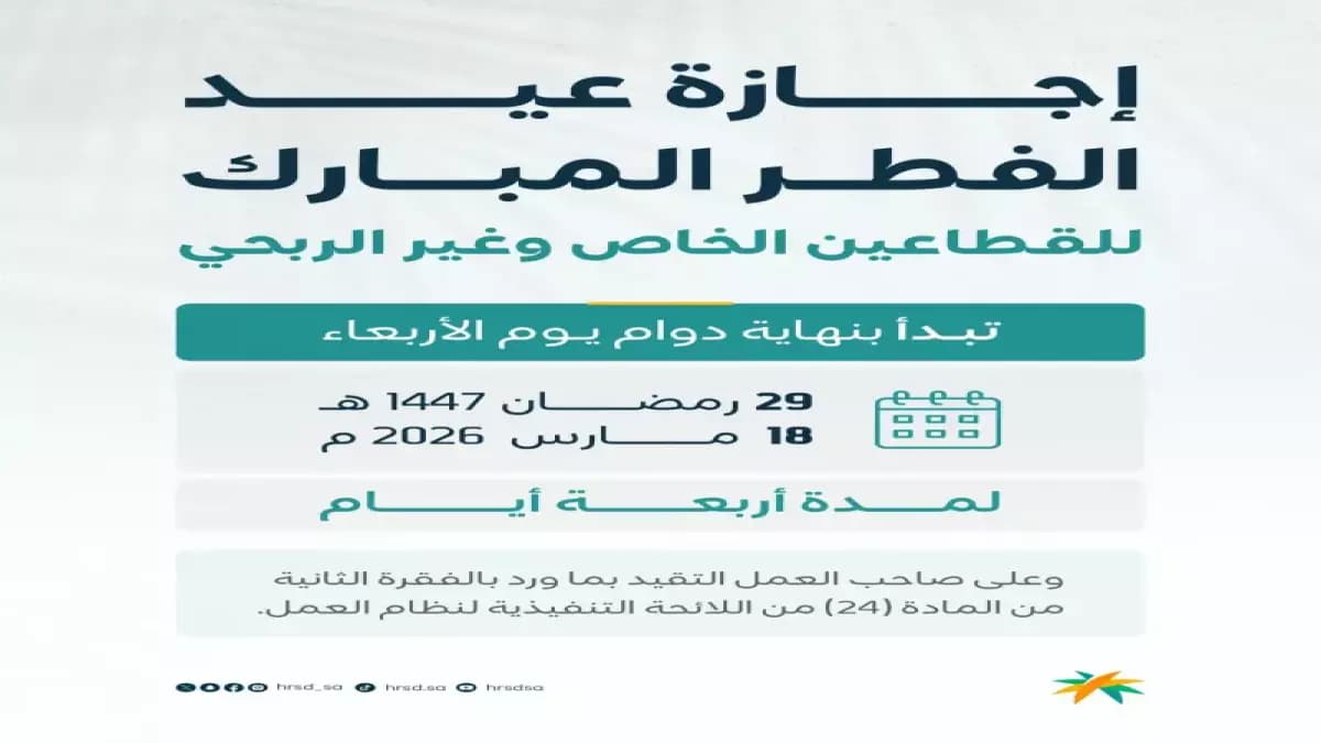 عاجل: تحديد موعد إجازة عيد الفطر 2026 في السعودية رسمياً - 4 أيام متتالية تبدأ من هذا التاريخ!